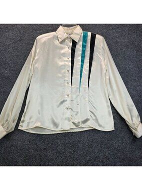 Vintage Gailord Button Down Shirt 6 Ivory Blue Pleated Office Preppy Feminine